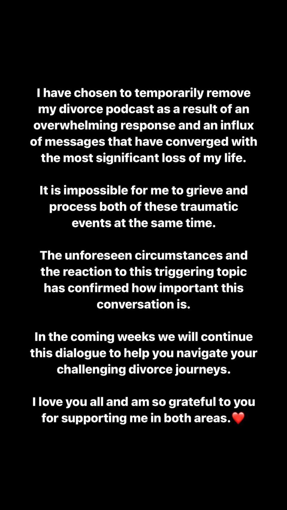 Bethenny Frankel's statement on Instagram Stories