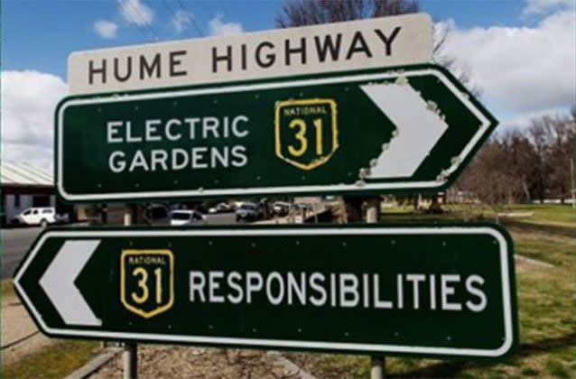 This cheeky photoshop highway sign was posted to the Electric Gardens Facebook page on Australia Day. Source: Electric Gardens/Instagram