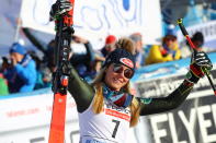 Third placed United States' Mikaela Shiffrin celebrates at the finish area at the end of an alpine ski, World Cup women's giant slalom in Sestriere, Italy, Saturday, Jan. 18, 2020. (AP Photo/Marco Trovati)