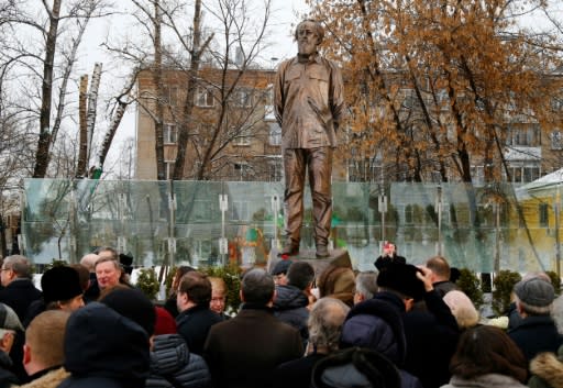 A statue of Russian writer and dissident Alexander Solzhenitsyn during its unveiling ceremony in Moscow on the 100th anniversary of his birth