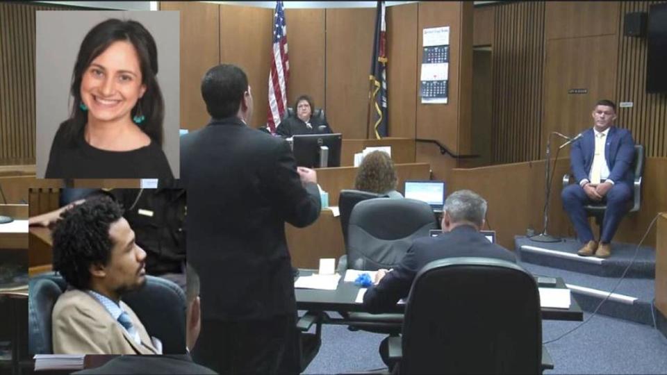 <div>Top left: Samantha Woll, bottom left: Suspect Michael Jackson Bolonos. Main photo: MSP Det. Alexander Martinez testifies.</div>