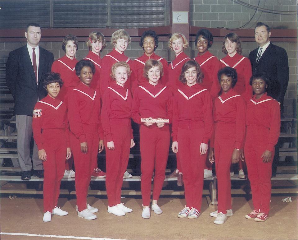 The Ohio Track Club Girls team, formed in Columbus in 1959 by Jim Lorimer, on the far right in the second row.