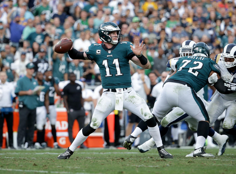 Eagles quarterback Carson Wentz is confident he’ll return in time for the season opener this fall after tearing his ACL and LCL late last season. (Getty Images)