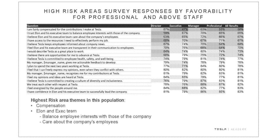 Screenshot of Tesla's 2018 employee survey report