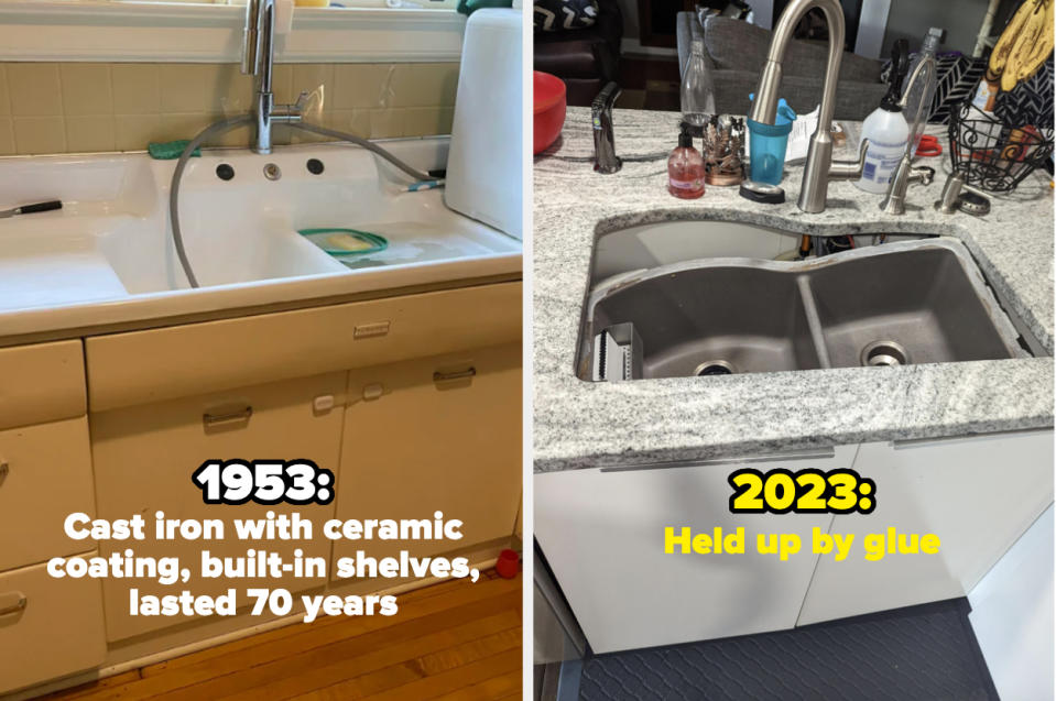 Left image: 1953 ceramic-coated cast iron sink with built-in shelves. Right image: 2023 granite countertop sink held up by glue
