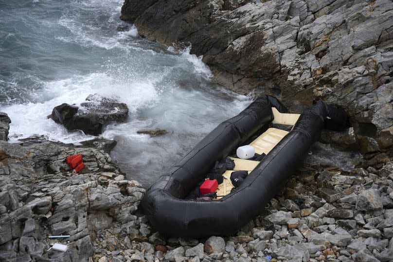 A dinghy lies on the shore after a shipwreck in Thermi, on the northeastern Aegean Sea island of Lesbos, January 2023