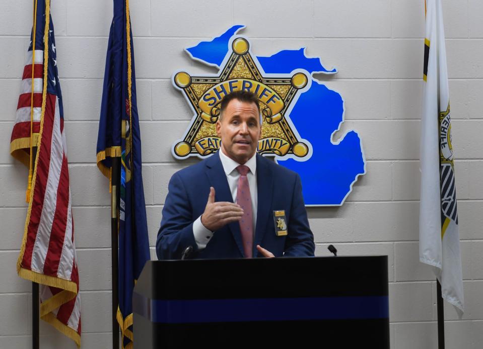 Genessee County Sheriff Chris Swanson speaks about a sex crimes sting operation that led to the arrests of four men in Eaton County after they attempted to meet up with an underage minor in a Delta Township motel in November and December.