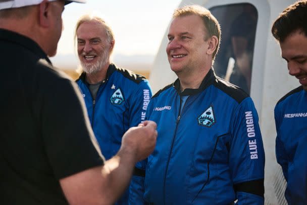 PHOTO: In this photo provided by Blue Origin, astronaut Hamish Harding receives his Blue Origin astronaut pin after a successful flight to space on June 4, 2022, in Van Horn, Texas. (Felix Kunze/AP)