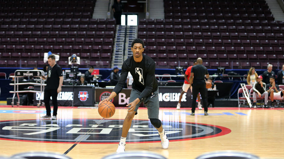 Two-way contract player Malcolm Miller warming up. Miller, alongside Lorenzo Brown (two-way contract) and Alfonzo McKinnie (on assignment), played in Austin on Sunday for Game One of the G League Finals before flying to Detroit to suit up for the Toronto Raptors on Monday.