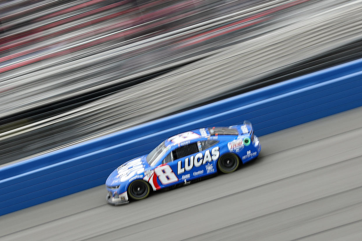 FONTANA, CALIFORNIA - FEBRUARY 26: Kyle Busch, driver of the #8 Lucas Oil Chevrolet, drives during the NASCAR Cup Series Pala Casino 400 at Auto Club Speedway on February 26, 2023 in Fontana, California. (Photo by Meg Oliphant/Getty Images)