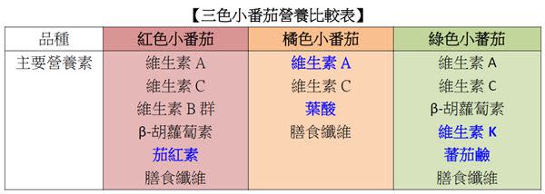 三色小蕃茄營養比較。（資料提供／游乃嘉營養師）