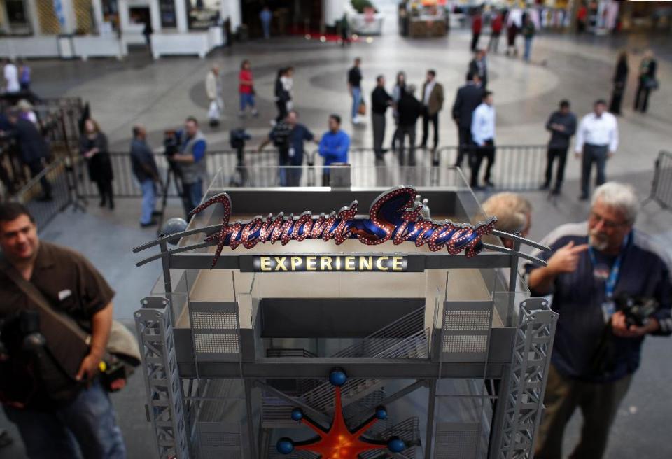 A model of Slotzilla is seen during a press conference in Las Vegas Tuesday, Nov. 27, 2012. Slotzilla is a permanent zipline attraction planned for downtown Las Vegas. (AP Photo/Las Vegas Review-Journal, John Locher)