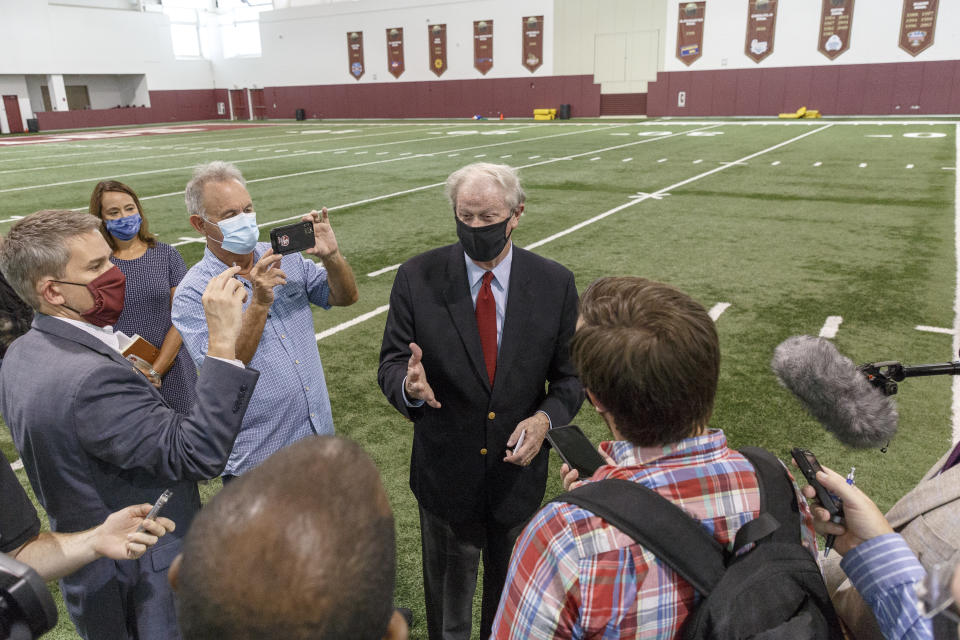 TALLAHASSEE, FL - AUGUST 11: Florida State University President John Thrasher answers questions after the collegiate athletics roundtable about fall sports at the Albert J. Dunlap Athletic Training Facility on the campus of Florida State University on August 11, 2020 in Tallahassee, Florida. (Photo by Don Juan Moore/Getty Images)