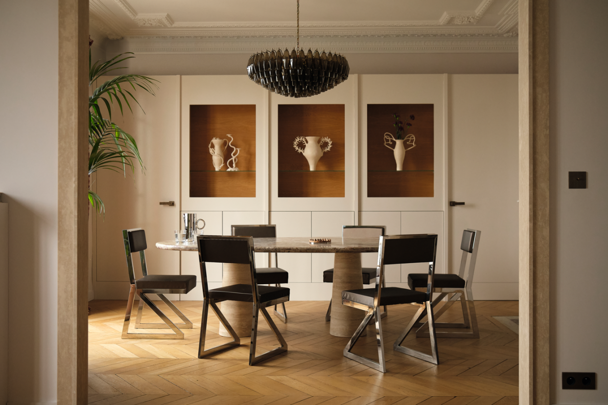  A dining room with ceramics in the wall. 