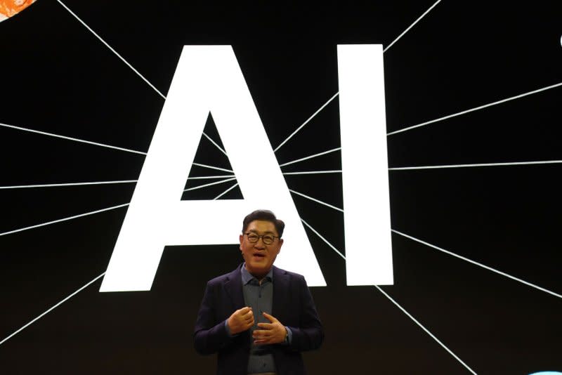 JH Han, CEO and Head of Device Experience Division Samsung Electronics, speaks on stage during the 2024 International CES, at the Mandalay Bay Convention Center in Las Vegas on Monday. Photo by James Atoa/UPI