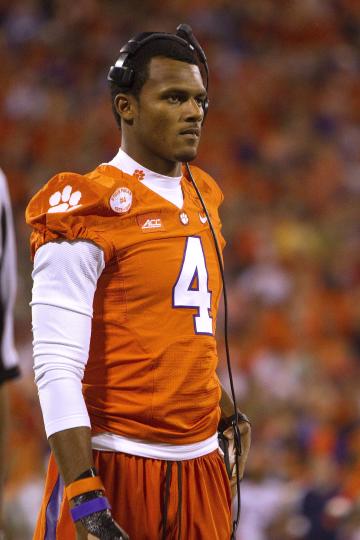 Oct 25, 2014; Clemson, SC, USA; Clemson Tigers quarterback Deshaun Watson (4) looks on from the sidelines during the first quarter against the Syracuse Orange at Clemson Memorial Stadium. (Joshua S. Kelly-USA TODAY Sports)