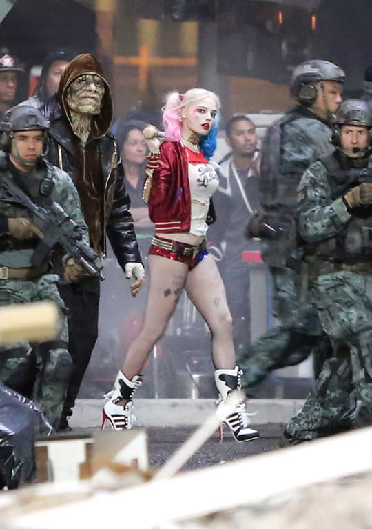 <p>Adewale Akinnuoye-Agbaje (as Killer Croc) and Margot Robbie (as Harley Quinn) on May 3.</p>