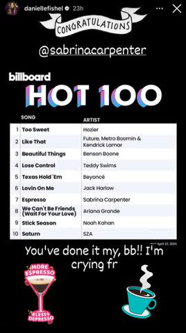 <p>Danielle Fishel Karp/Instagram</p> Danielle Fishel celebrates Sabrina Carpenter's Billboard Hot 100 success