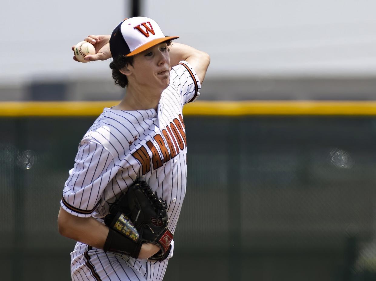 Westwood Warriors Owen Norrell (10) pitches against the Lake Travis Cavaliers during the fourth inning at the Bi-district 6A baseball playoff on Friday, May 6, 2023, at Westwood High School.