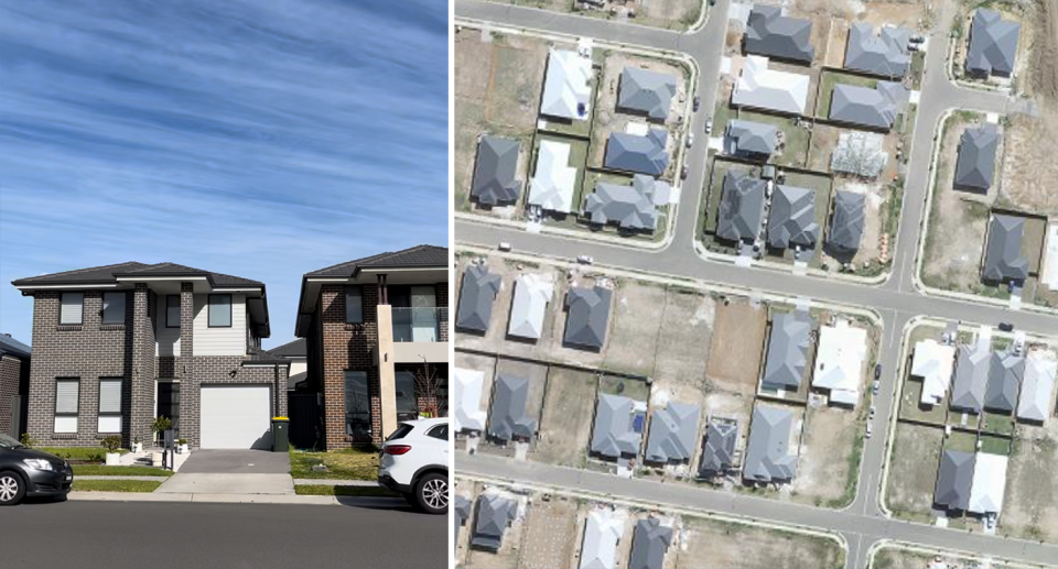 Left - Typical black-roofed houses in western Sydney. Right - an aerial view of houses in Winton where some of the roofs are white, and others are dark grey.