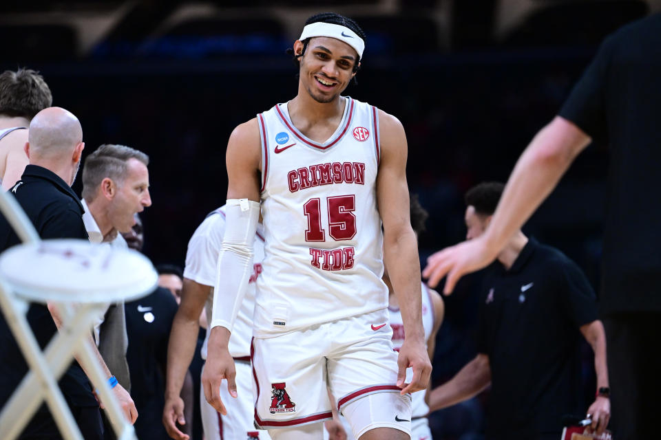 El estudiante de primer año de Alabama, Zarin Stevenson, anotó 19 puntos, la mayor cantidad de su carrera, en el juego más importante de su carrera.  (Foto de Ben Solomon/NCAA Photos vía Getty Images)