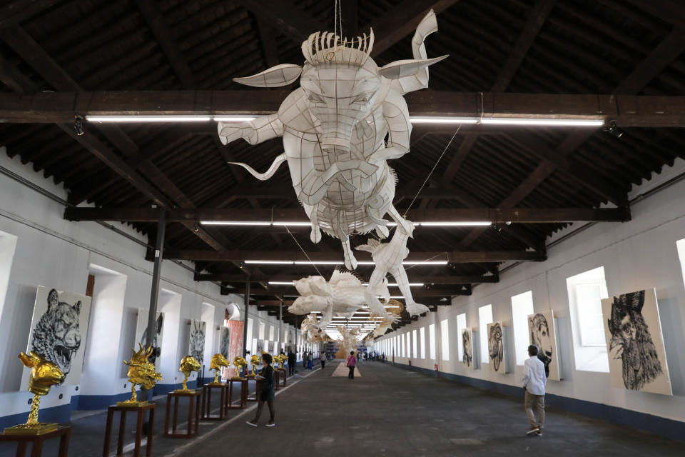 Dissident Chinese artist Ai Weiwei's work on display during a press preview of his new exhibition "Rapture" in Lisbon, Thursday, June 3, 2021. The world-renowned artist is putting on the biggest show of his career, and he is doing it in a place he's fallen in love with: Portugal. (AP Photo/Armando Franca)