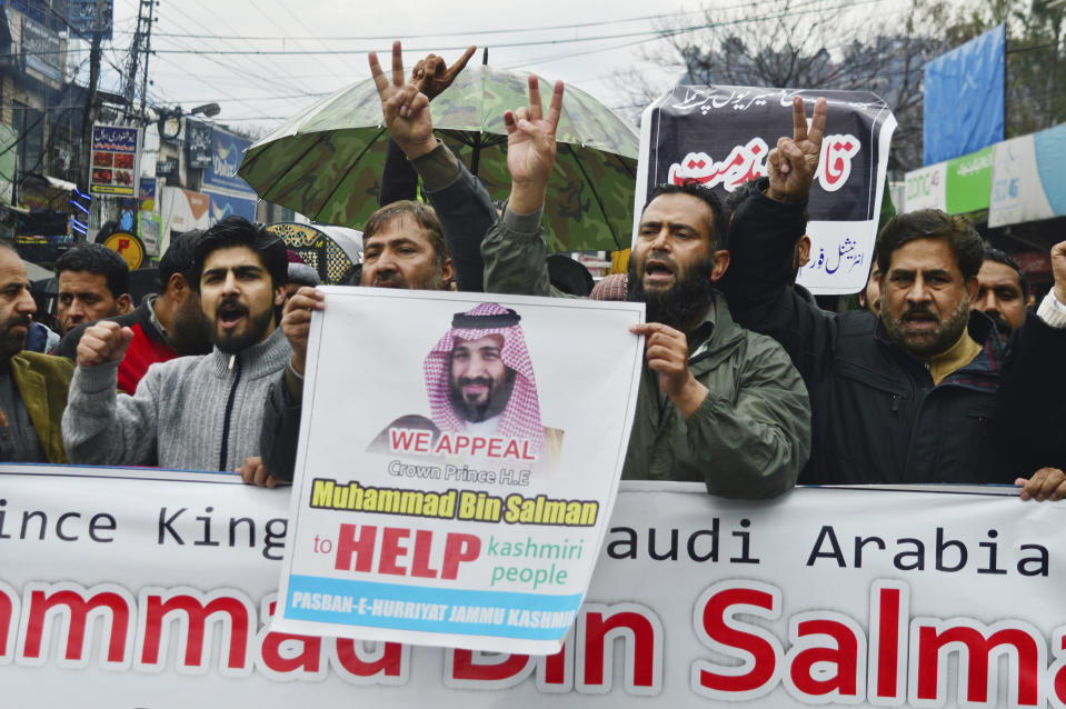 Pakistani Kashmiris rally to express solidarity with Indian Kashmiris on the occasion of the Saudi Crown Prince's visit to Pakistan, in Muzaffarabad, capital of Pakistani Kashmir, Monday, Feb. 18, 2019. They have rallied to denounce the recent killings by Indian forces in the disputed Himalayan region of Kashmir. (AP Photo/M.D. Mughal)