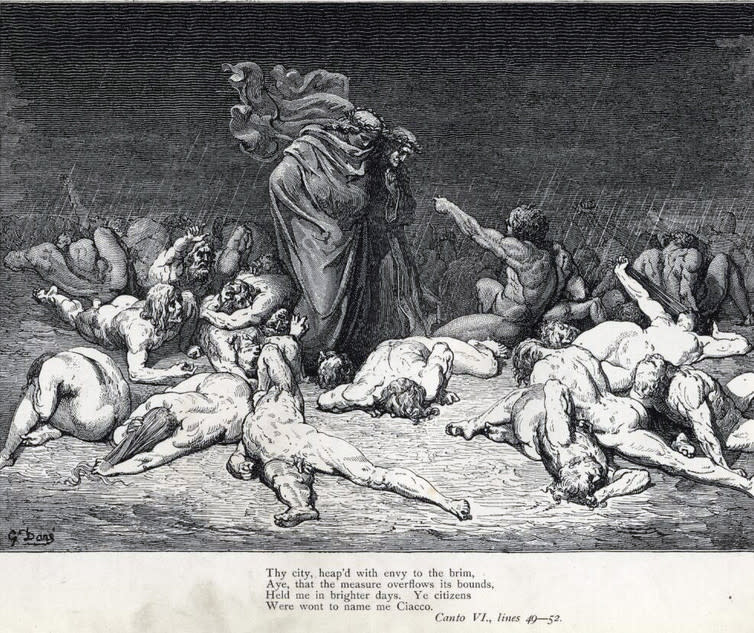 <span class="caption">Dante’s Inferno.</span> <span class="attribution"><a class="link " href="https://www.flickr.com/photos/rutger_vos/4683231541/in/photolist-88QMzp-4dhh8-2iWv88-9c4aZ1-4ooDtU-2iWAYZ-88QSgv-e8Hcd7-tiA8k-XWa8B2-e8Hb1Q-e8BwJ4-37jivT-5nd1LK-4zKzJ6-442ZF-6wqfFr-fGHAB5-e8BwW6-naLHbk-e8Bwrg-e8Bwur-e8HcuG-STLypX-YjeDi1-su6HB-24j7CK-88QNEP-9c45Wq-65Gd9d-2j1VM5-88TYBd-aiqM4K-2iWAgz-7CEmSA-9c4chU-9c17a4-37jfor-7GHY2p-86Z4Y7-88U1Du-88QLyH-88U9qo-qpWedy-2j1Qxo-9c479y-8oVU2r-9c13me-88Ua95-88TXmu/" rel="nofollow noopener" target="_blank" data-ylk="slk:rutger_vos/flickr;elm:context_link;itc:0;sec:content-canvas">rutger_vos/flickr</a></span>