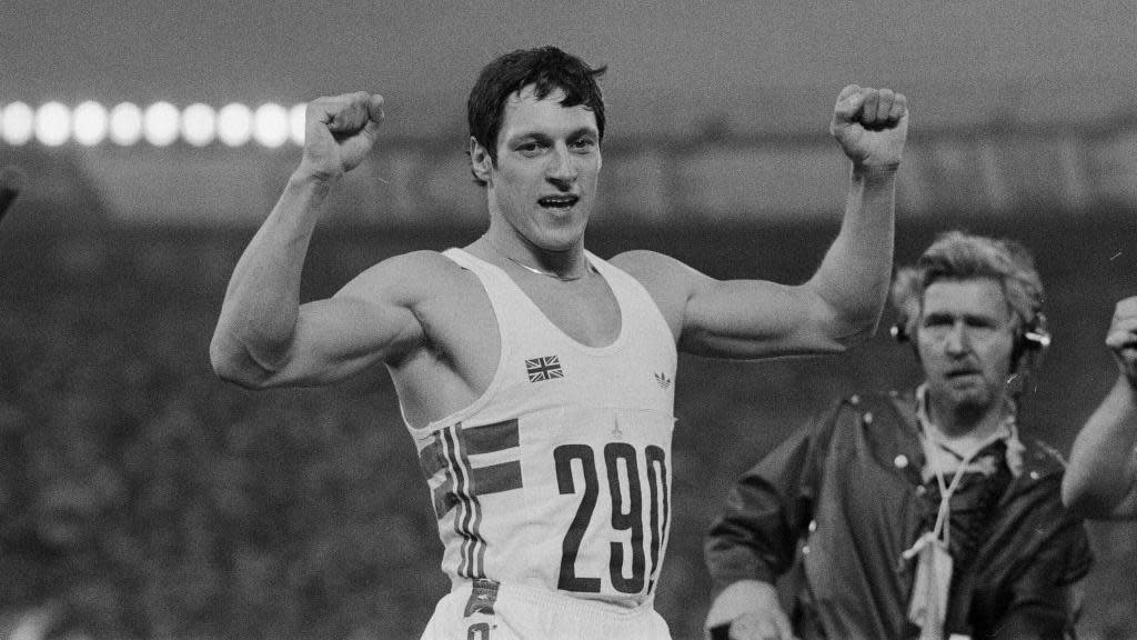 Allan Wells celebrates winning gold in the men's 100m at the 1980 Olympics