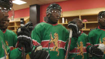 Kenya Ice Lions team captain Benard Azegere in the locker room with teammates before the squad's first game in Toronto, Ontario, Canada, in this still image handout photo taken from video August 14, 2018 and provided October 16, 2018. Tim Horton's/Handout via REUTERS