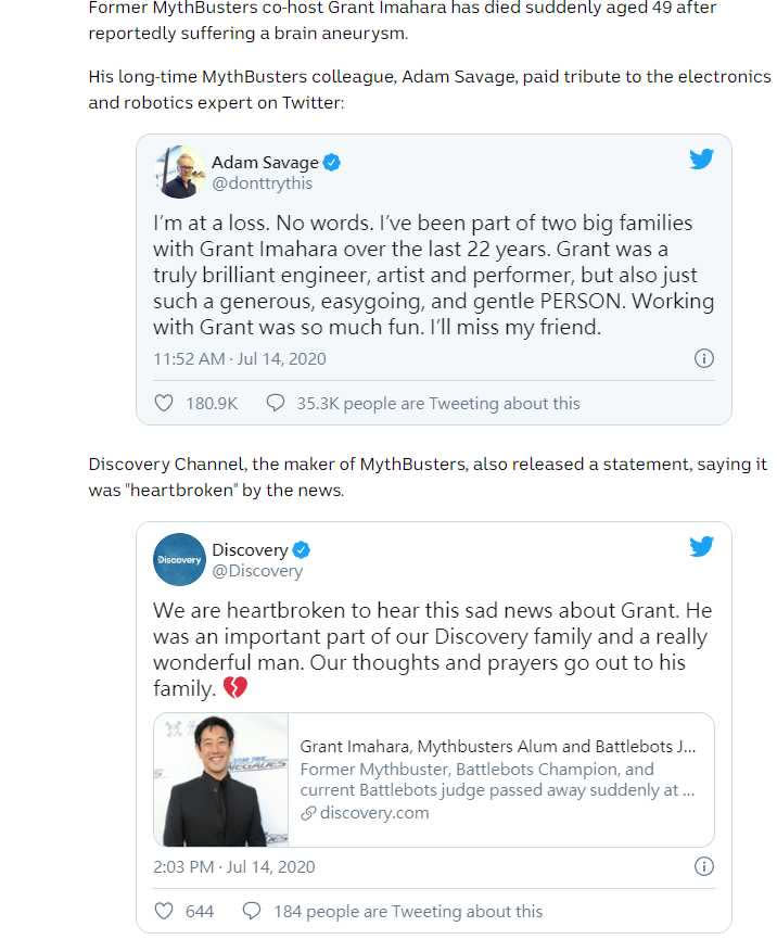 流言終結者主持人亞當薩維奇等友人在推特悼念。（圖／Twitter、澳洲ABC News）