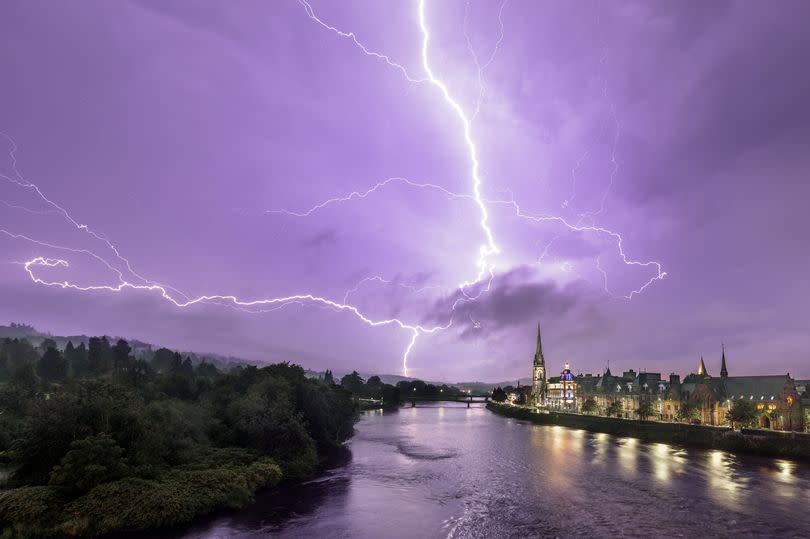 This is the electrifying moment lightning filled the sky above Perth, Perth and Kinross, as thunderstorms battered Scotland. August 11 2020.