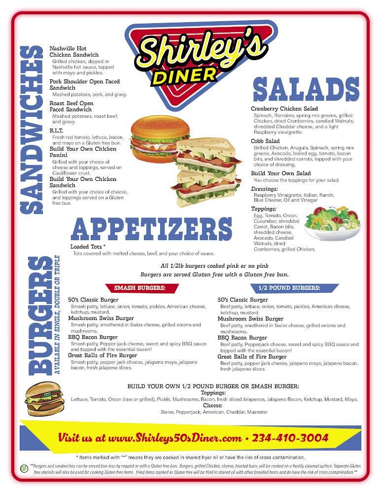 The menu at Shirley's Diner, which will open Oct. 17 on Belden Village Street NW in Jackson Township, includes sandwiches, burgers, corn dogs, fried green tomatoes and a variety of ice cream treats.