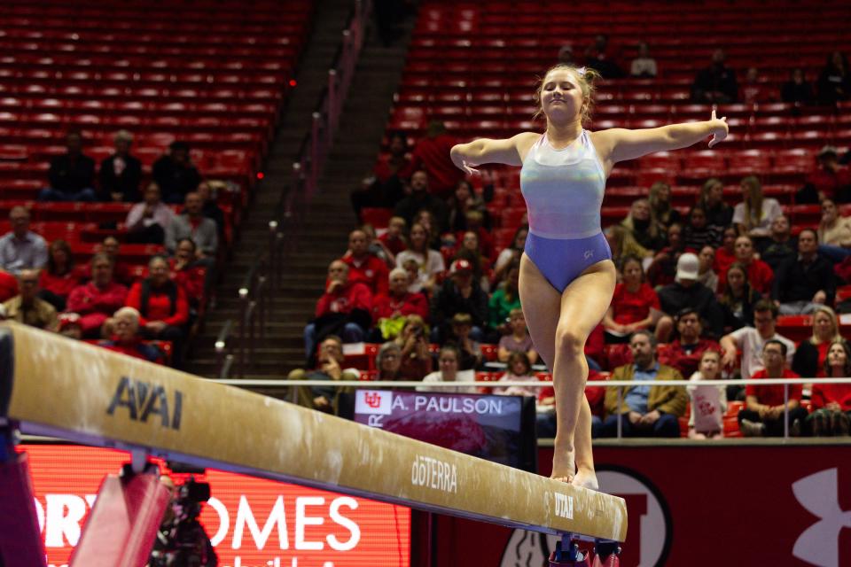 Elizabeth Gantner performs her bar routine during the Red Rocks Preview at the Jon M. Huntsman Center in Salt Lake City on Friday, Dec. 15, 2023. | Megan Nielsen, Deseret News