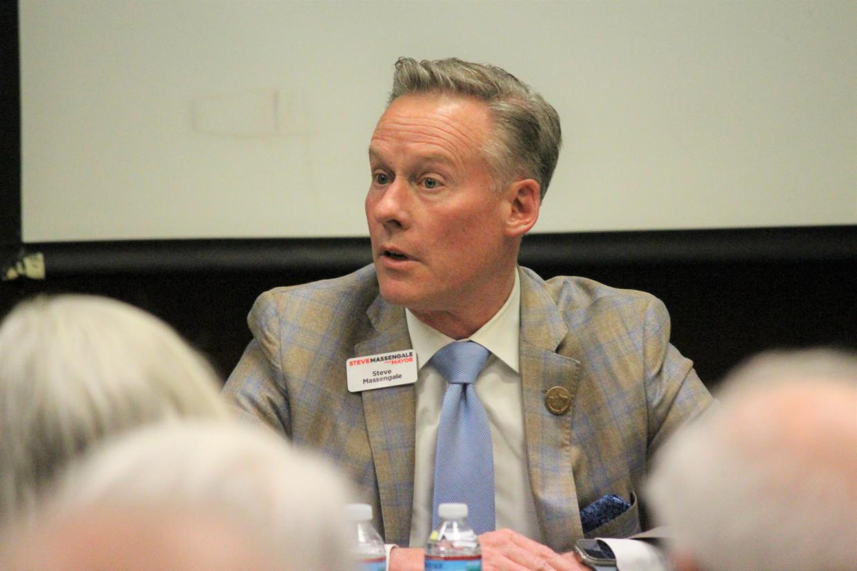 Lubbock mayoral candidate Steve Massengale speaks during the Texas Tech Public Media mayoral forum Monday at Mahon Library.