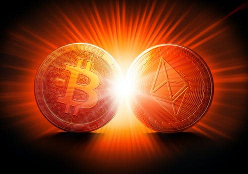 <span class="caption">The crypto wars are hotting up.</span> <span class="attribution"><a class="link " href="https://www.shutterstock.com/image-illustration/clash-bitcoin-ethereum-coins-on-bright-697271380" rel="nofollow noopener" target="_blank" data-ylk="slk:Wit Olszewski;elm:context_link;itc:0;sec:content-canvas">Wit Olszewski</a></span>