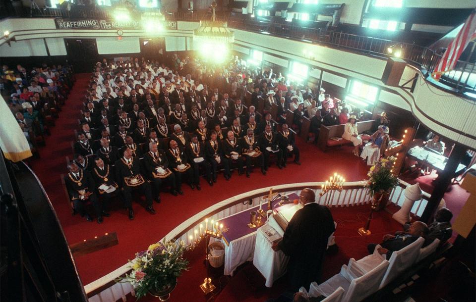 Bishop George E. Battle, Jr, then-presiding Prelate Eastern NC and Virgin Islands Episcopal District, gives the sermon to a packed sanctuary during services marking the 200th anniversary of Evans Metropolitan AME Zion church on March 26, 2000.