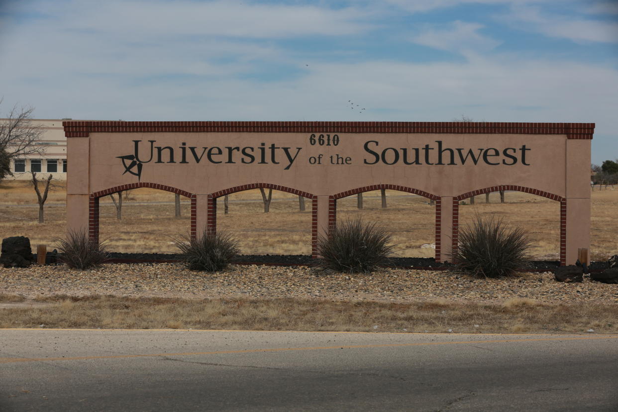 The entrance to University of the Southwest as seen, Wednesday, March 16, 2022, in Hobbs, New Mexico. (AP Photo/Cedar Attanasio)