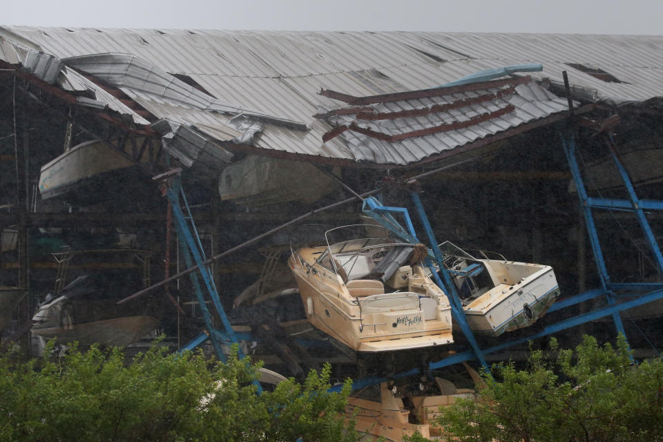 <p><strong>Hollywood</strong><br> A boat rack storage facility lays destroyed after Hurricane Irma blew though Hollywood, Fla. on Sept. 10, 2017. (Photo: Carlo Allegri/Reuters) </p>