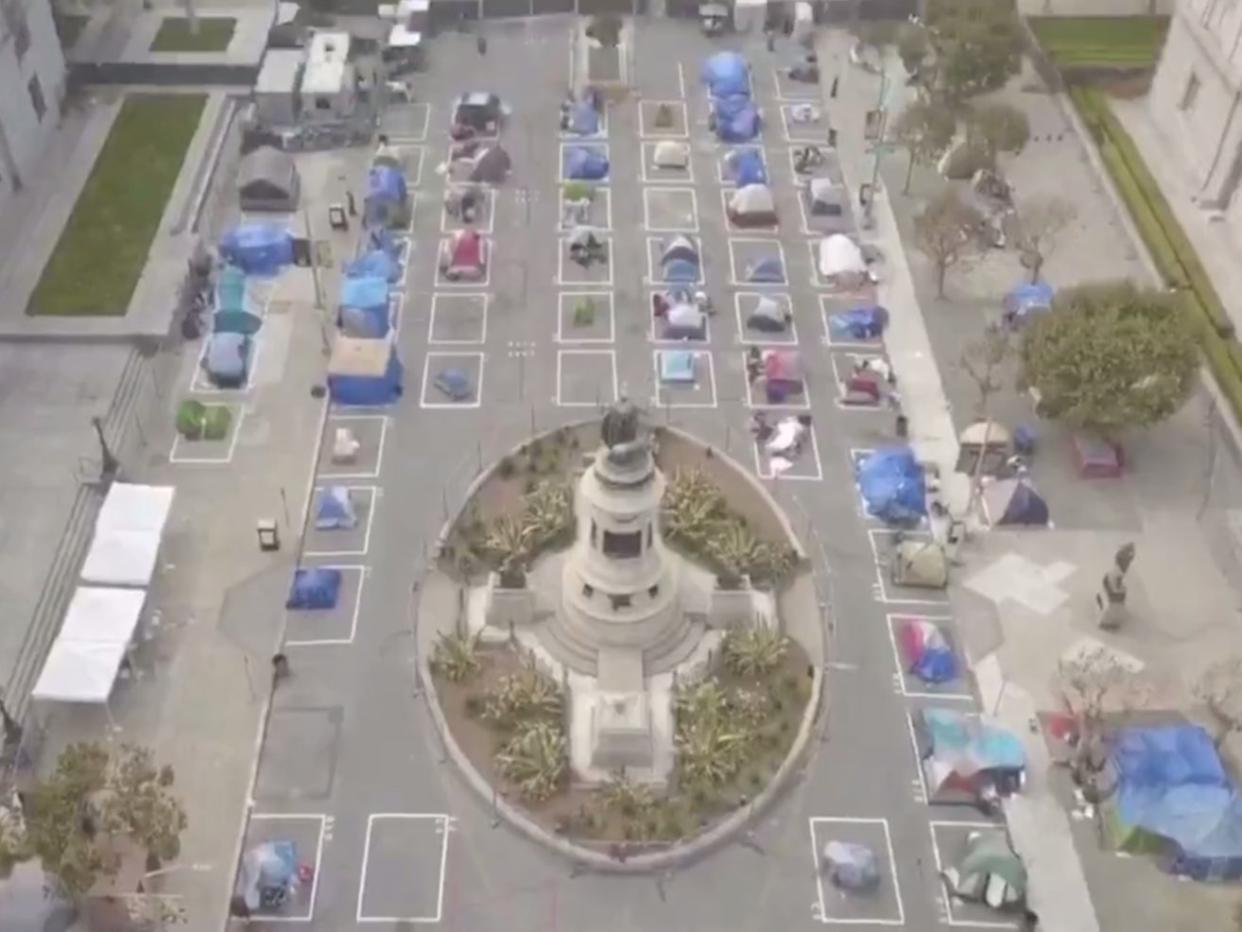 A homeless encampment site across from San Francisco's City Hall ((Jenny Chan via Newsflare))