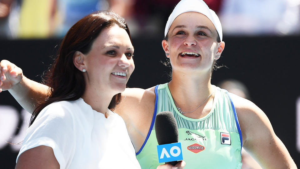 Casey Dellacqua, pictured here with Ash Barty at the Australian Open in 2020. 