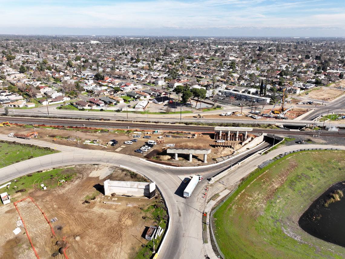 A new overpass is being built to carry traffic on Belmont Avenue up and over the existing Union Pacific Railroad freight tracks and future high-speed rail route through central Fresno, replacing the aging Belmont underpass beneath the UP tracks. Golden State Boulevard is permanently closed between Belmont and Olive avenues because of the work.