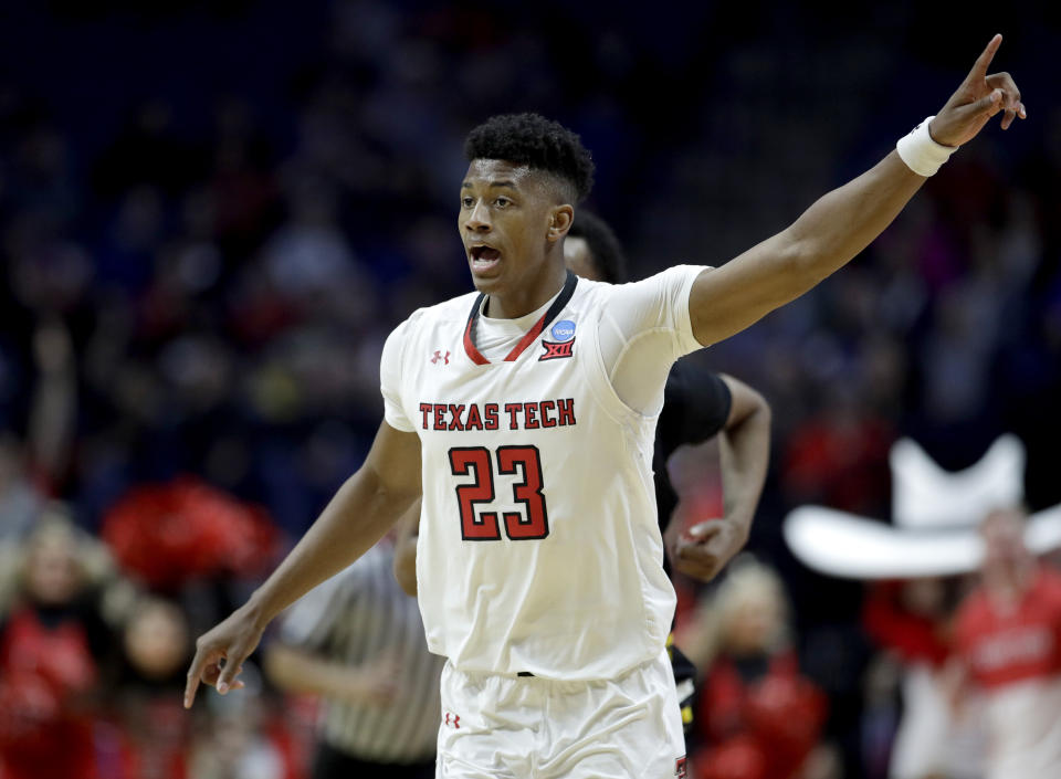 Texas Tech's Jarrett Culver celebrates after a basket during the second half of a first round men's college basketball game against Northern Kentucky in the NCAA Tournament Friday, March 22, 2019, in Tulsa, Okla. Texas Tech won 72-57. (AP Photo/Charlie Riedel)