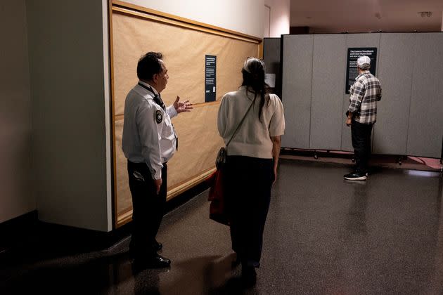Museum guards redirect visitors on the first day of the closure of the American Museum of Natural History's Eastern Woodlands and Great Plains indigenous exhibition halls on Jan. 27, 2024. The New York City museum decided to close the two exhibits after finding itself in violation of the Native American Graves Protection and Repatriation Act, which gives descendants of Native American groups a claim to ancestral artifacts. (Photo by Andrew Lichtenstein/Corbis via Getty Images)
