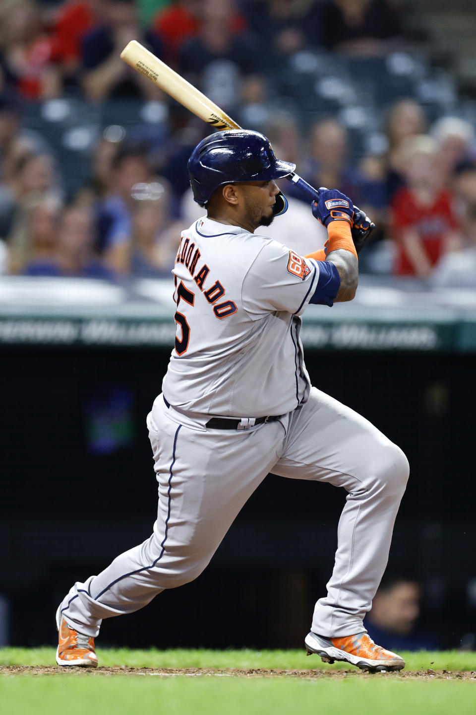 Houston Astros' Martin Maldonado watches his two-run double off Cleveland Guardians relief pitcher Nick Sandlin during the fifth inning of a baseball game Thursday, Aug. 4, 2022, in Cleveland. (AP Photo/Ron Schwane)