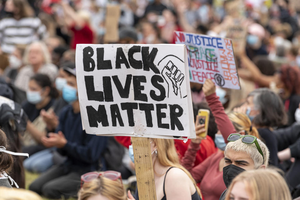  A Black Lives Matter placard during the Black Lives Matter protest at Hyde Park. Several protest have been spur by the recent killing of George Floyd, a black man who died in police custody in Minneapolis, U.S.A. (Photo by Dave Rushen / SOPA Images/Sipa USA) 