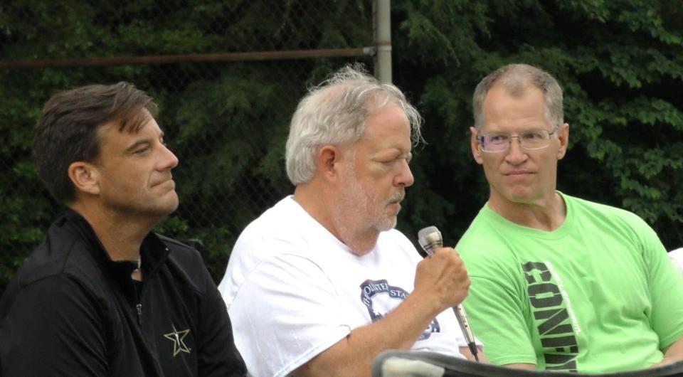 John Cherry III talks to the audience at the second Ernest Day at Montgomery Bell State Park alongside previous "Ernest Goes to Camp" cast members in 2018.