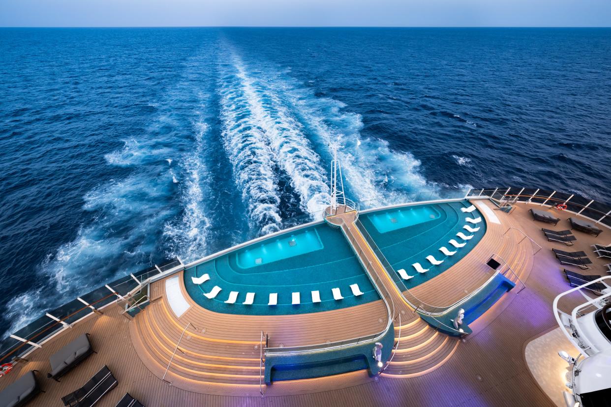 The infinity pool at the aft is one of six pools on board.