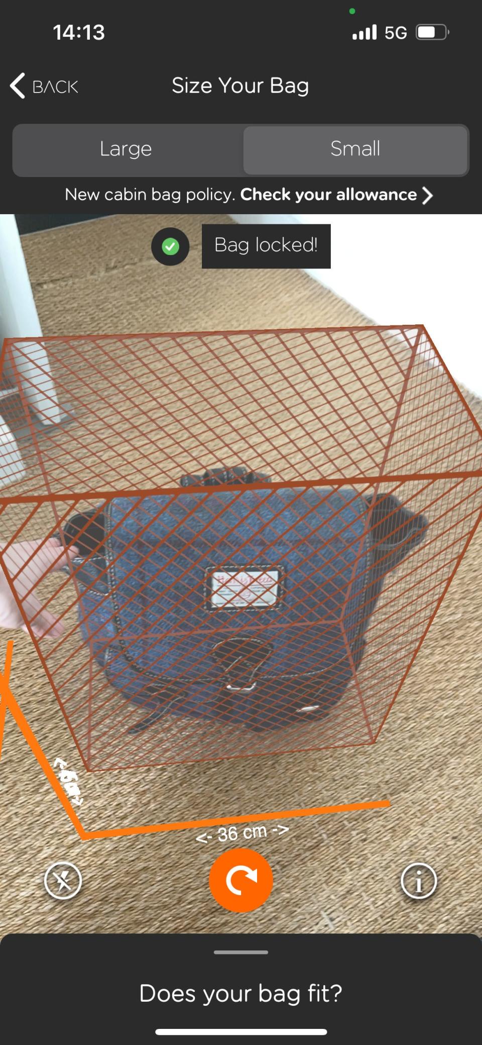 A screenshot from the easyJet app shows an augmented-reality box measuring the limits of a bag