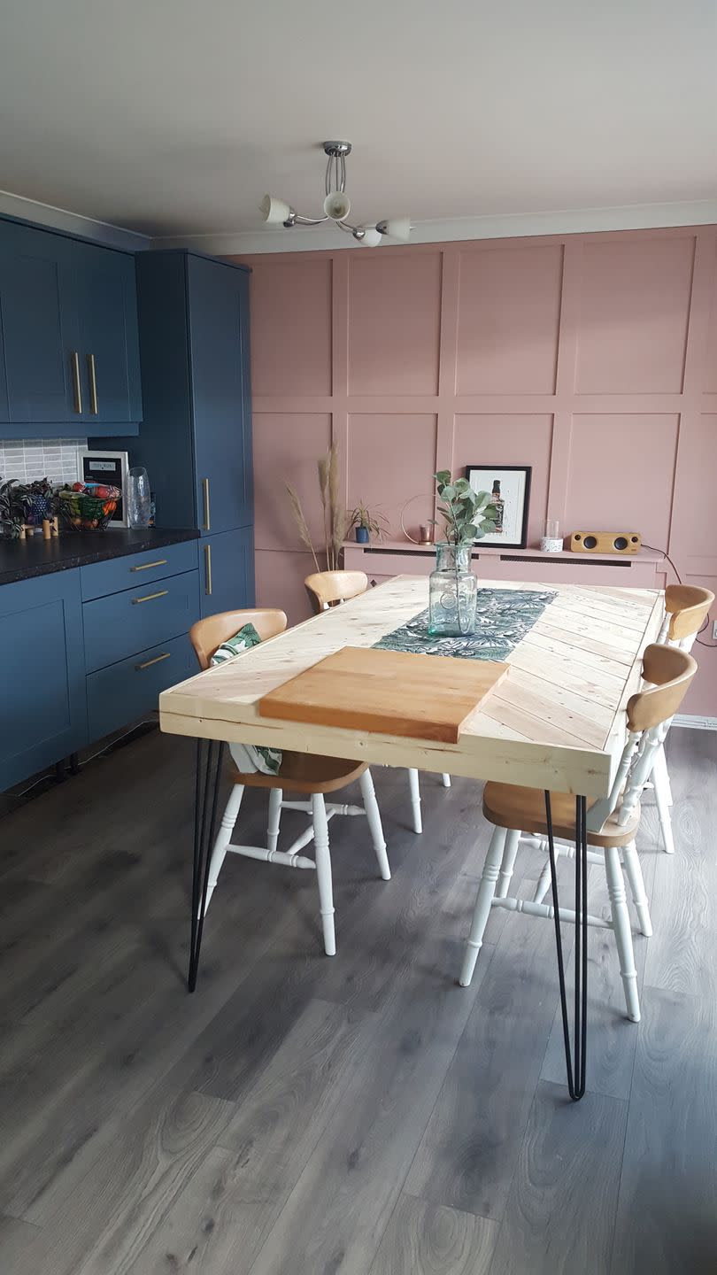 kitchen wall panelling in blush pink and navy